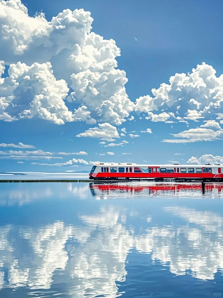 Scenic view of a train reflected in calm waters under a blue sky with fluffy clouds.