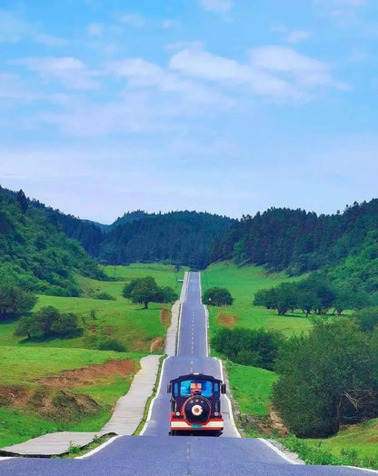 Scenic view of a charming train traveling down a peaceful, winding road surrounded by lush greenery.
